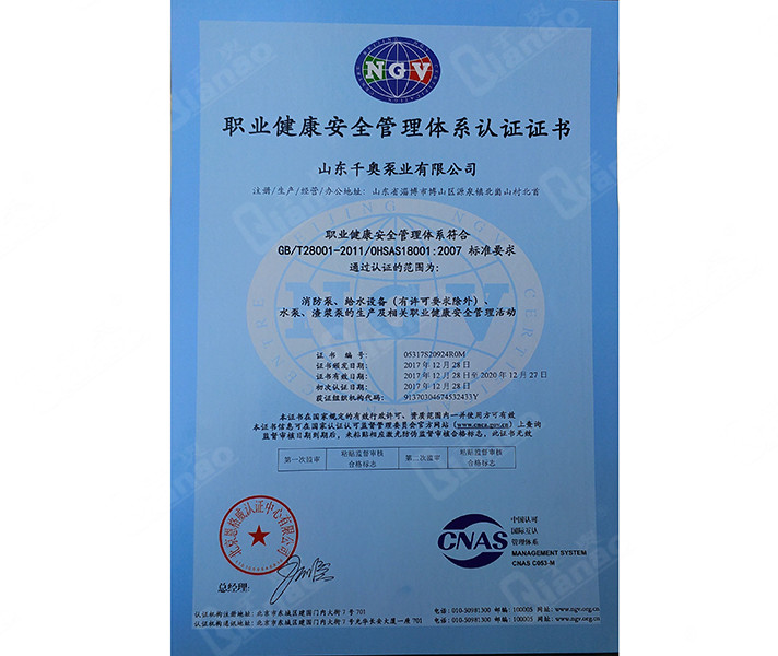 職業(yè)健康安全管理體系認(rèn)證證書